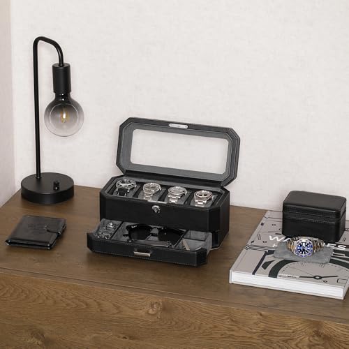 ROTHWELL 4 Slot Watch Box with Valet Drawer (Grey)