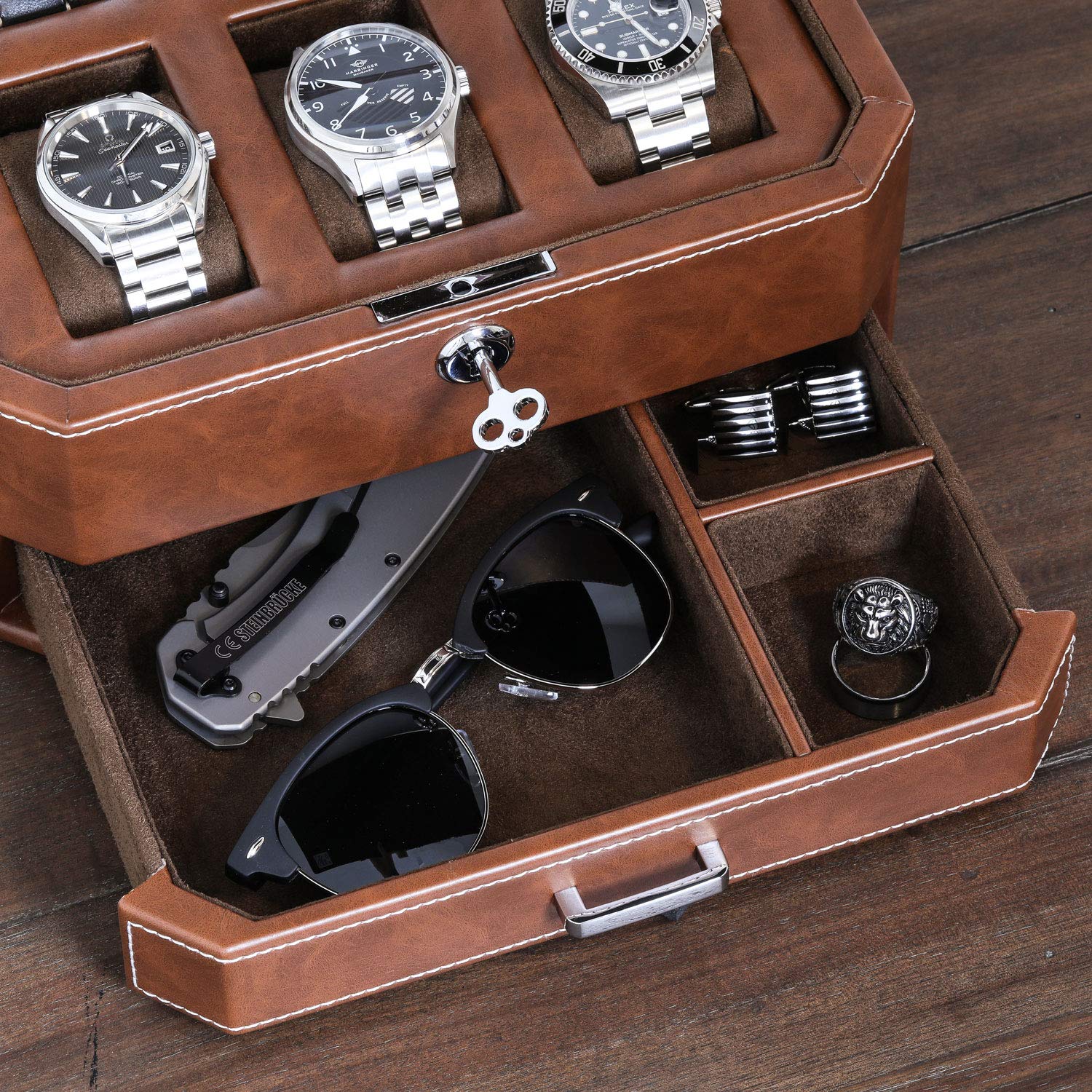 ROTHWELL Gift Set 6 Slot Watch Box and 2 Watch Travel Case (Tan/Brown)