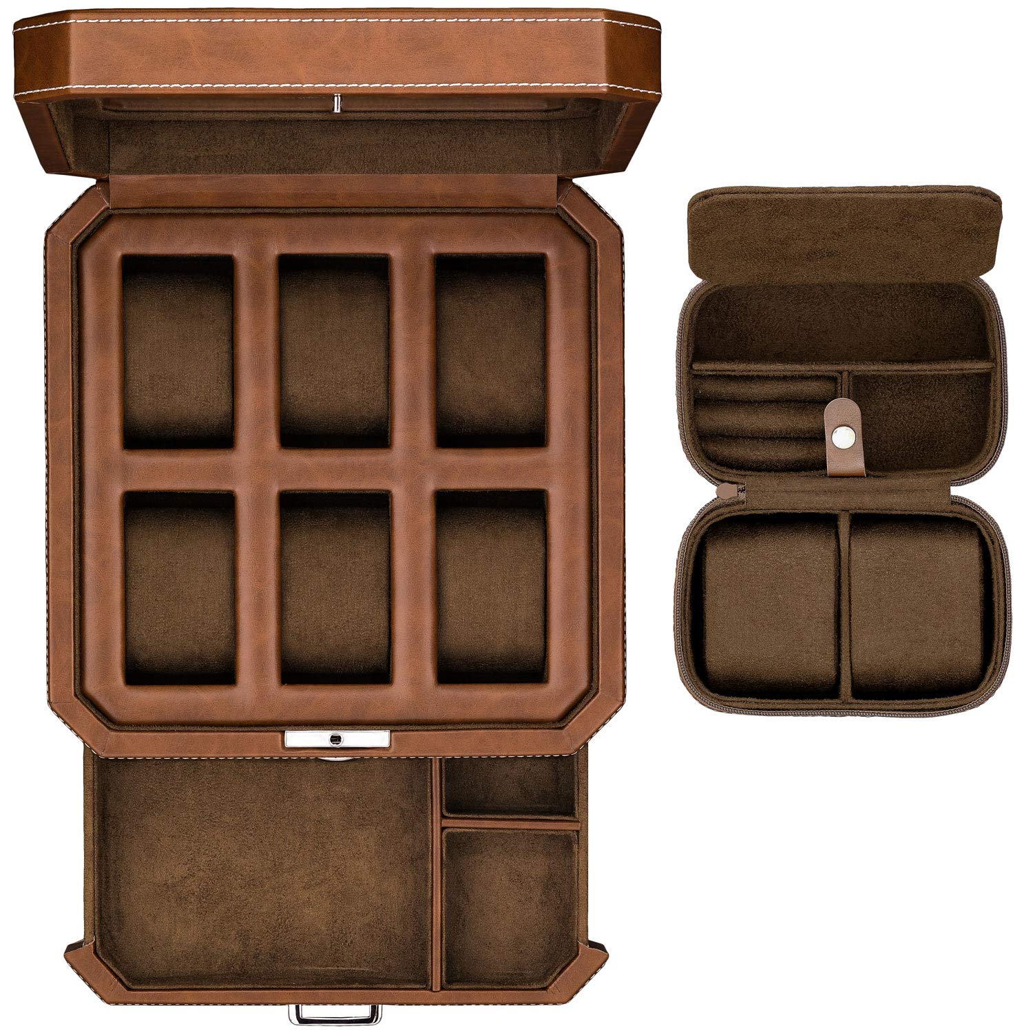 ROTHWELL Gift Set 6 Slot Watch Box and 2 Watch Travel Case (Tan/Brown)