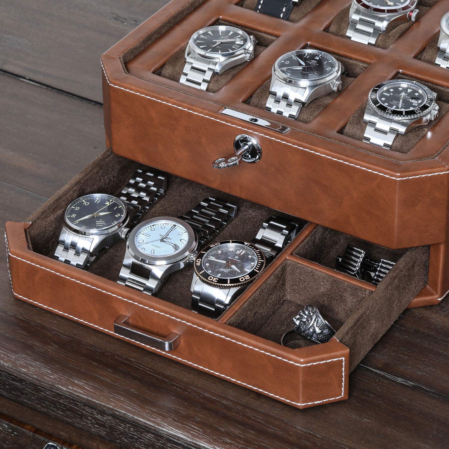 ROTHWELL Gift Set 6 Slot Watch Box and 2 Watch Travel Case (Tan/Brown)