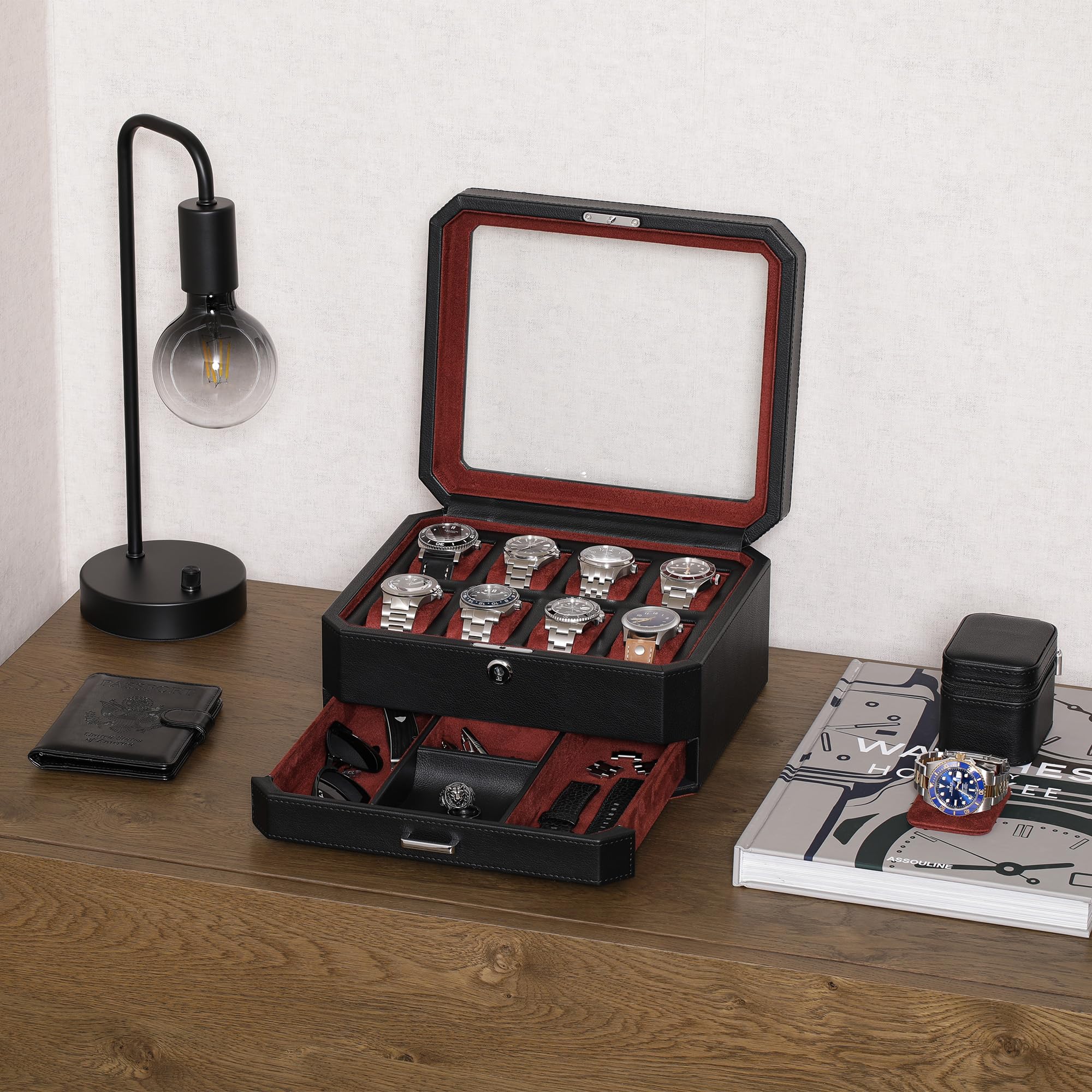 ROTHWELL 8 Slot Watch Box with Valet Drawer (Black/Red)
