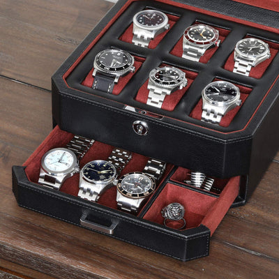 ROTHWELL Gift Set 6 Slot Leather Watch Box and 2 Watch Travel Case (Black/Red)
