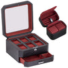 ROTHWELL Gift Set 6 Slot Leather Watch Box and 2 Watch Travel Case (Black/Red)