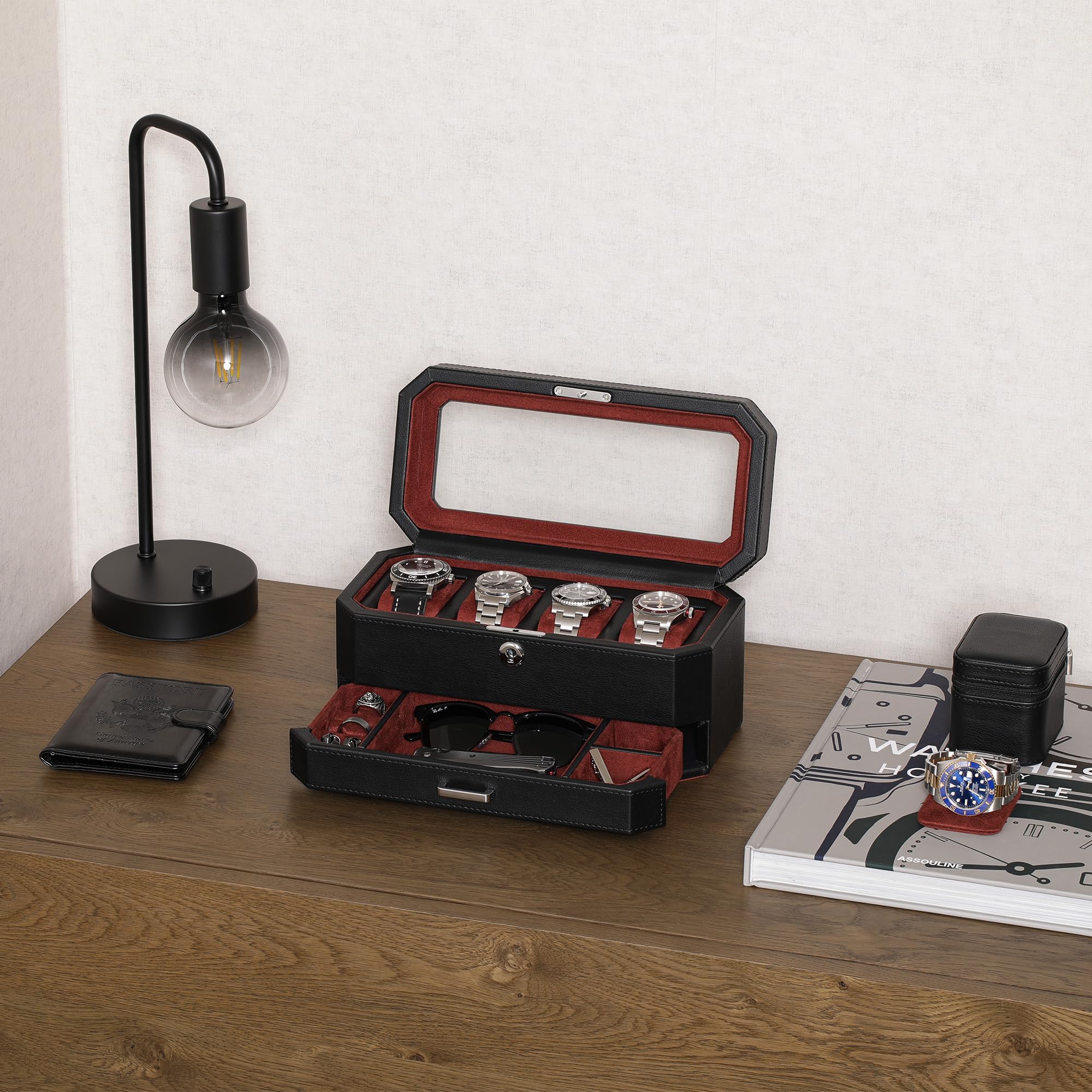 ROTHWELL 4 Slot Watch Box with Valet Drawer (Red)