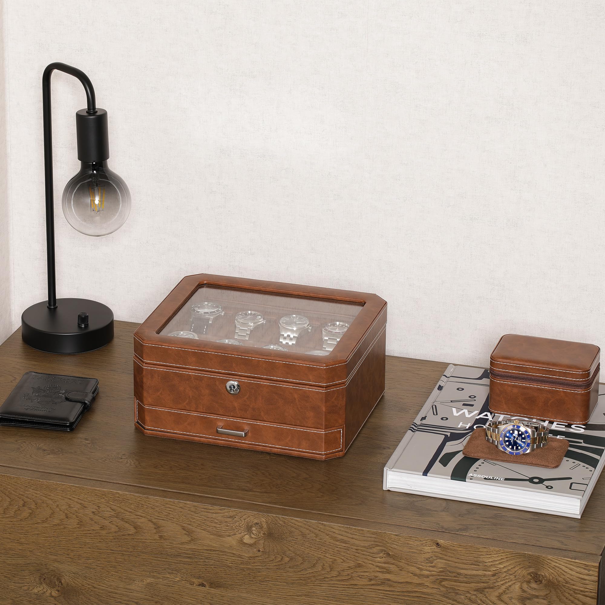 ROTHWELL 8 Slot Leather Watch Box with Valet Drawer (Tan/Brown)