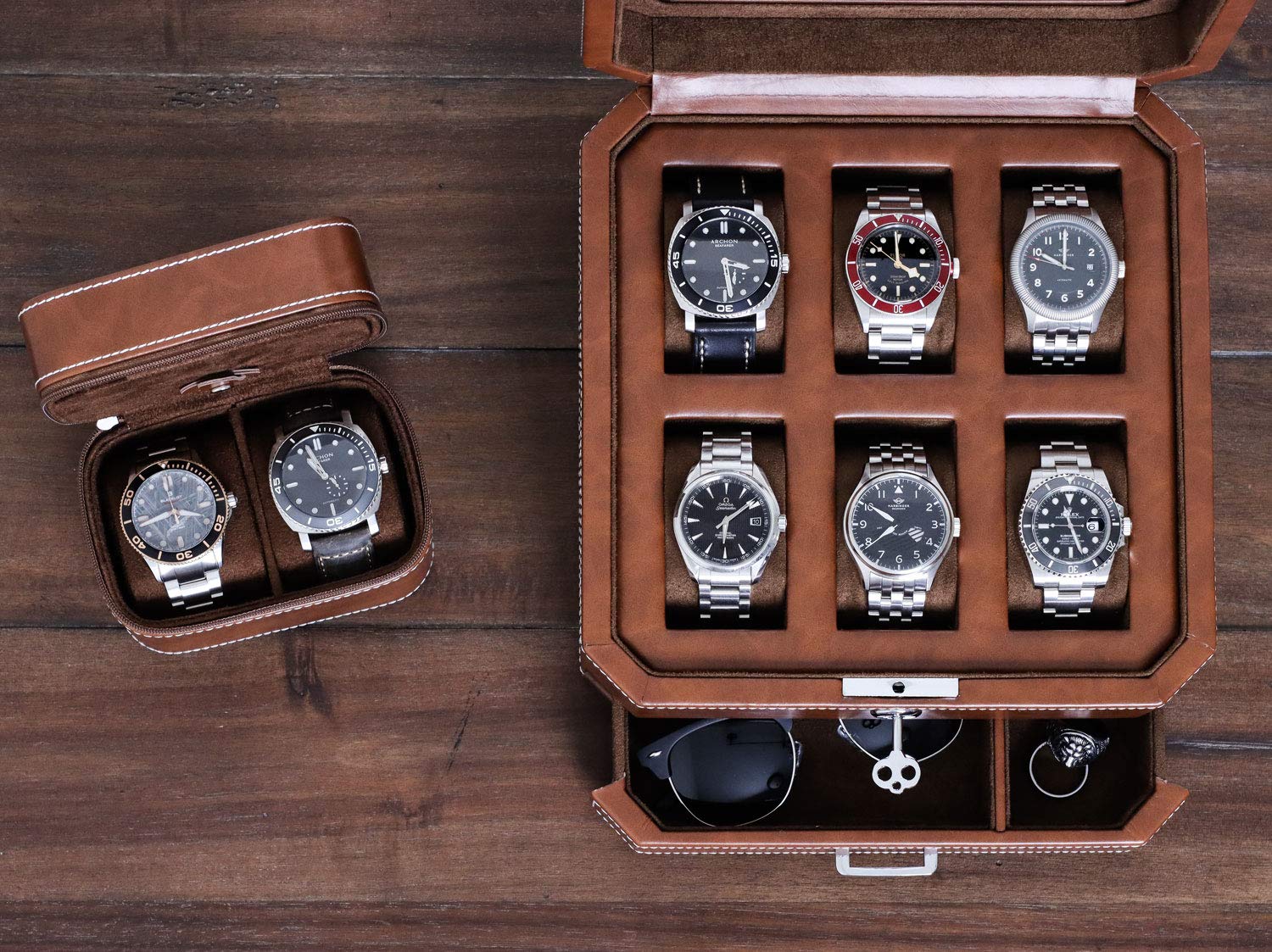 ROTHWELL Gift Set 6 Slot Watch Box and 2 Watch Travel Case (Tan/Brown)