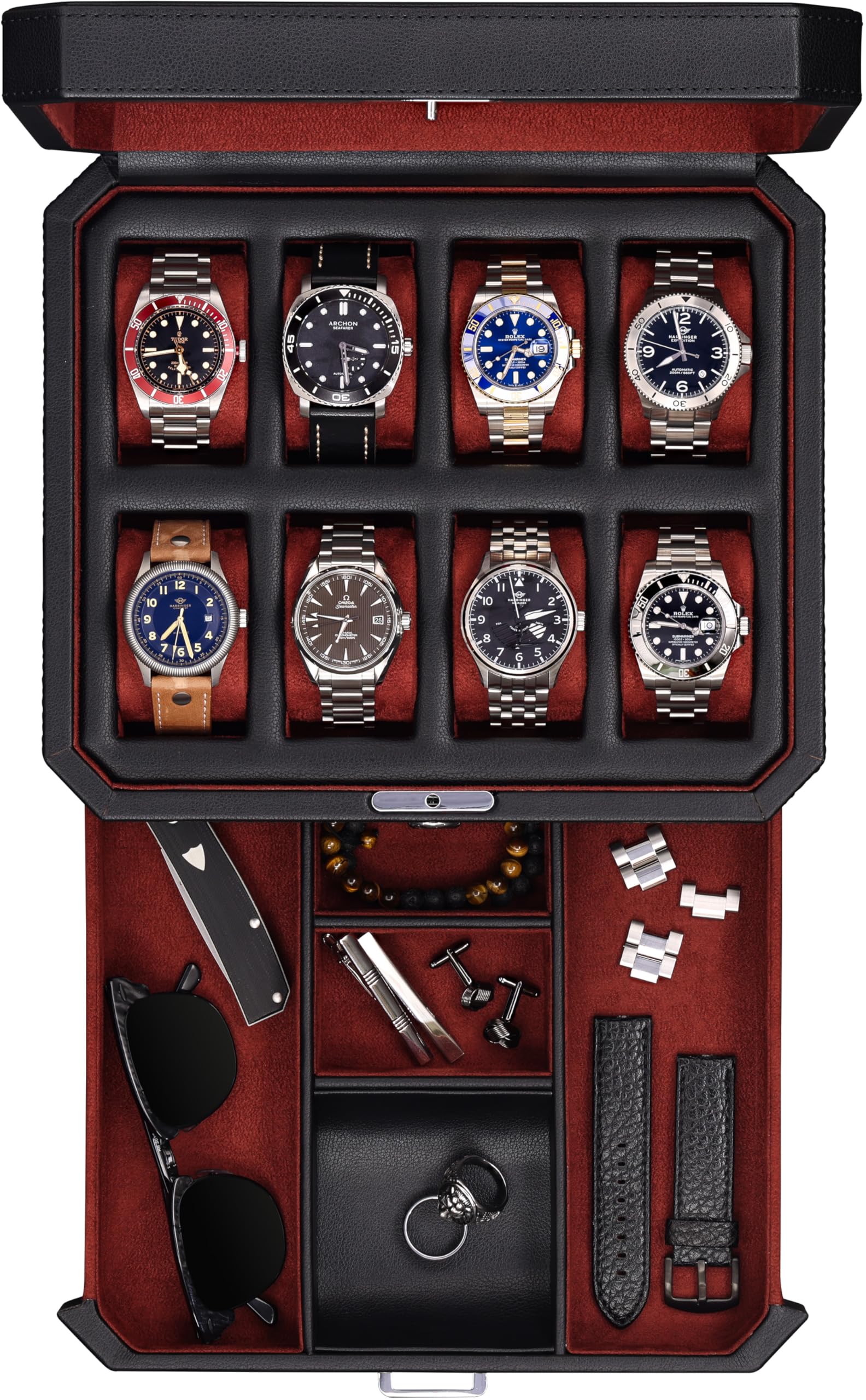 ROTHWELL 8 Slot Watch Box with Valet Drawer (Black/Red)