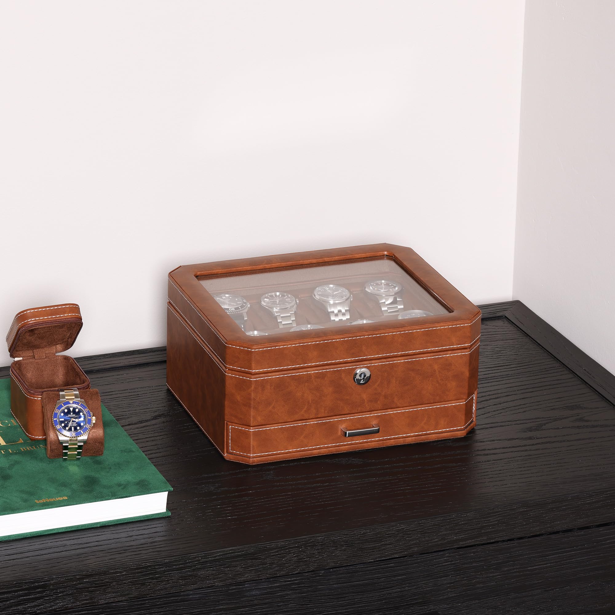 ROTHWELL 8 Slot Leather Watch Box with Valet Drawer (Tan/Brown)