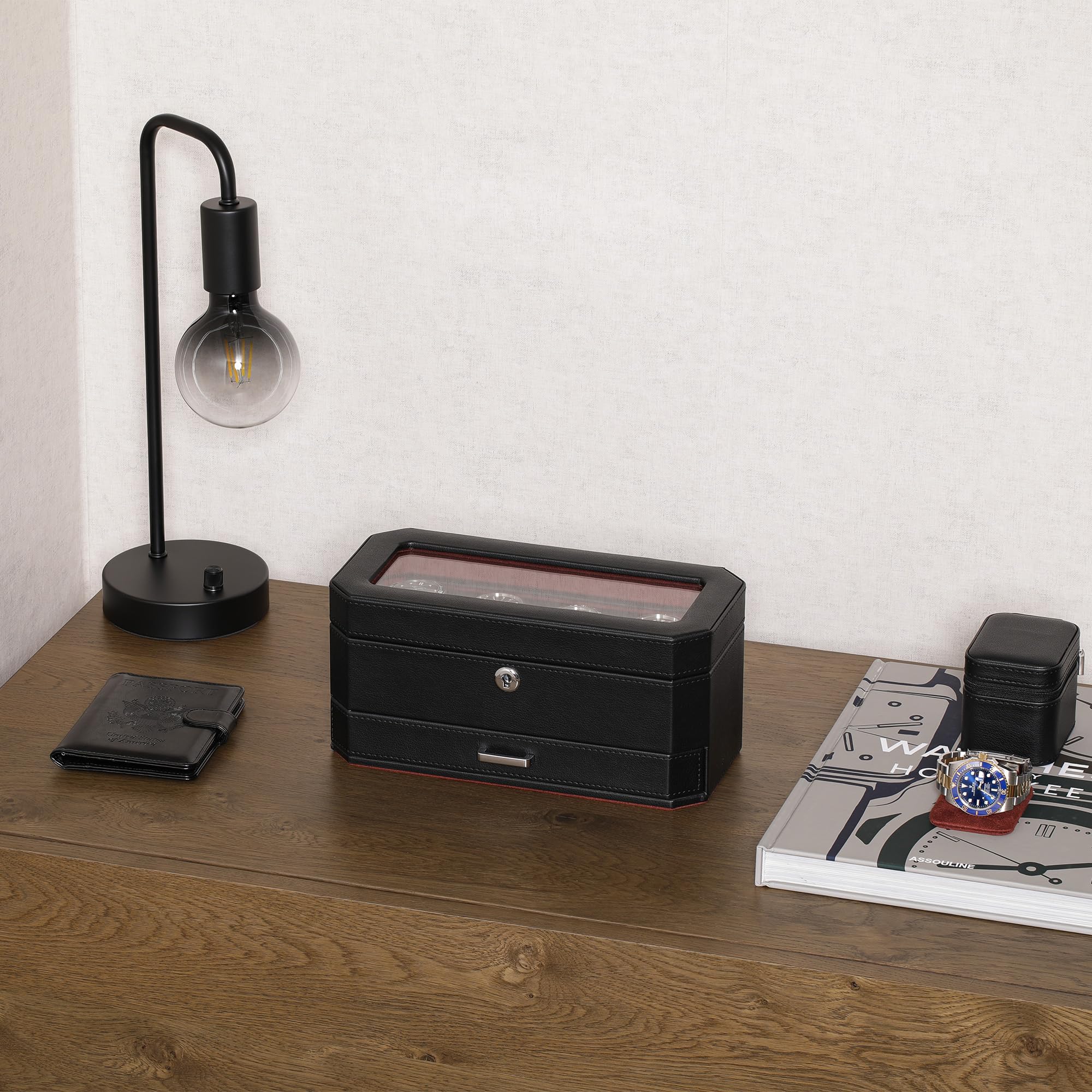 ROTHWELL 4 Slot Watch Box with Valet Drawer (Red)