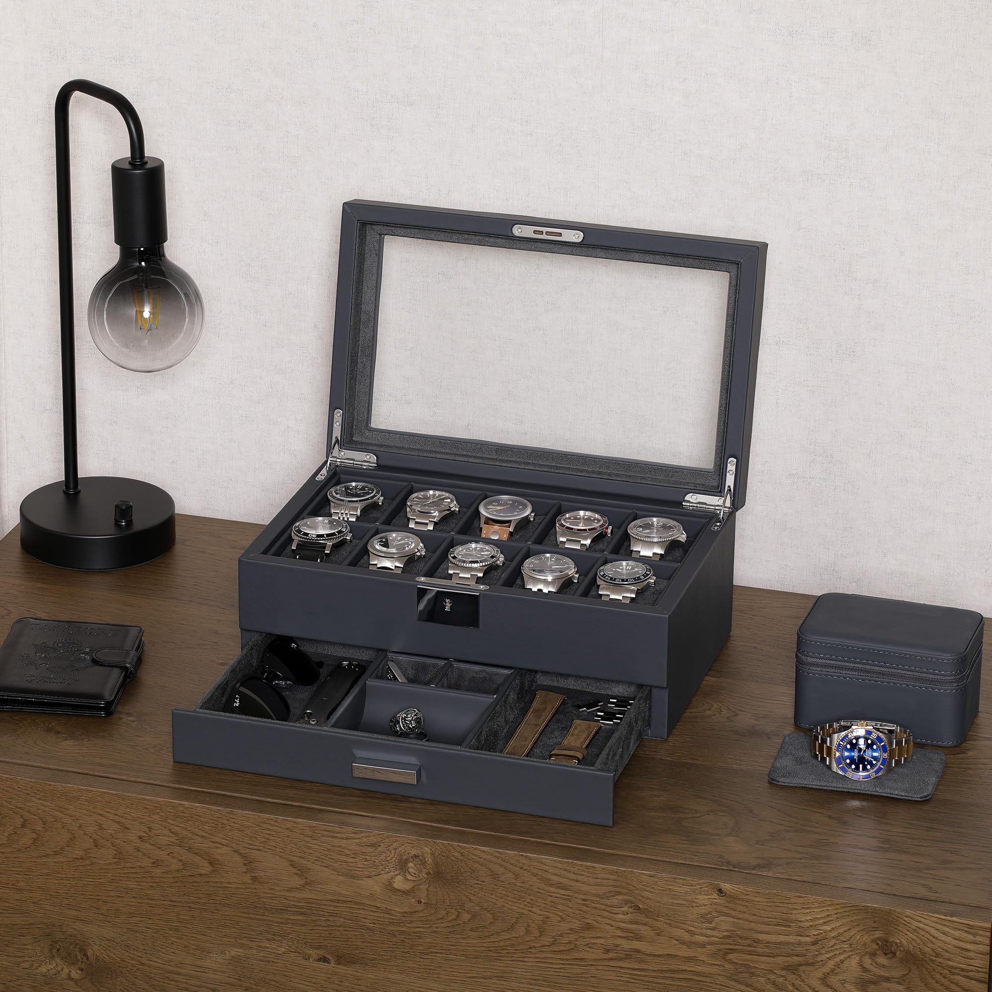 ROTHWELL 10 Slot Watch Box with Valet Drawer (Carbon)