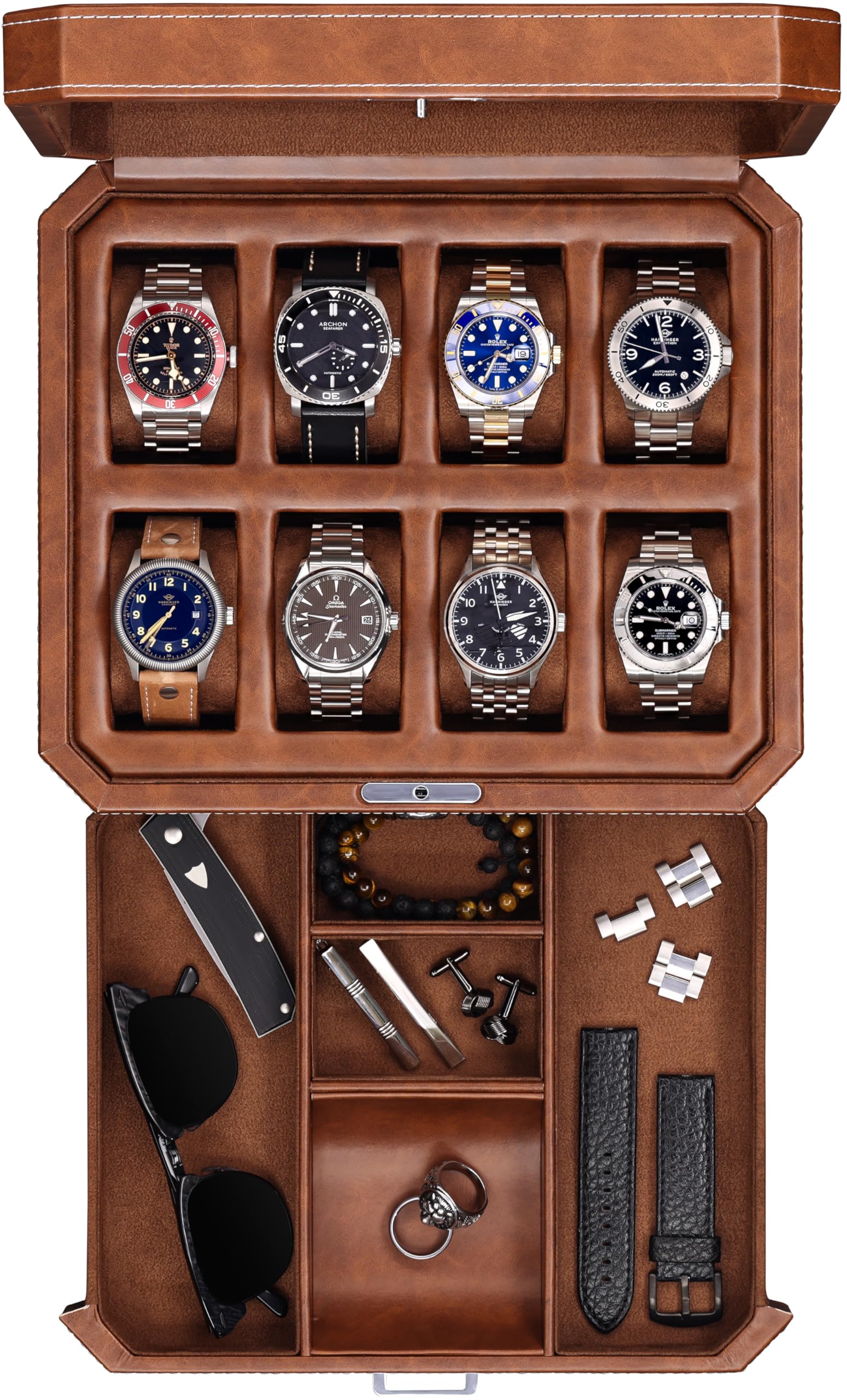 ROTHWELL 8 Slot Leather Watch Box with Valet Drawer (Tan/Brown)
