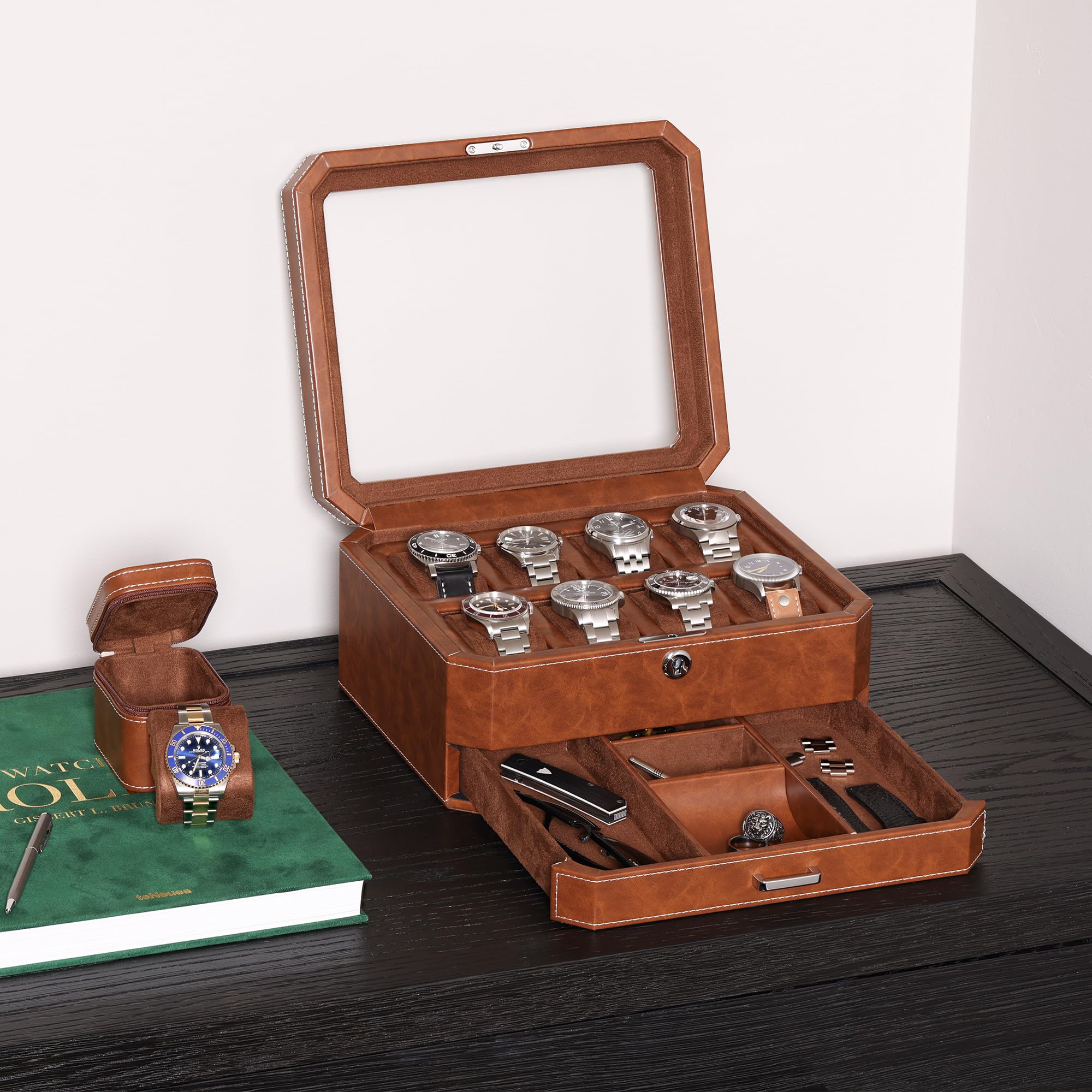 ROTHWELL 8 Slot Leather Watch Box with Valet Drawer (Tan/Brown)