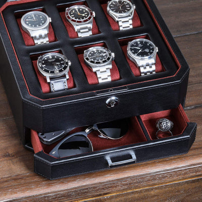 ROTHWELL Gift Set 6 Slot Leather Watch Box and 2 Watch Travel Case (Black/Red)