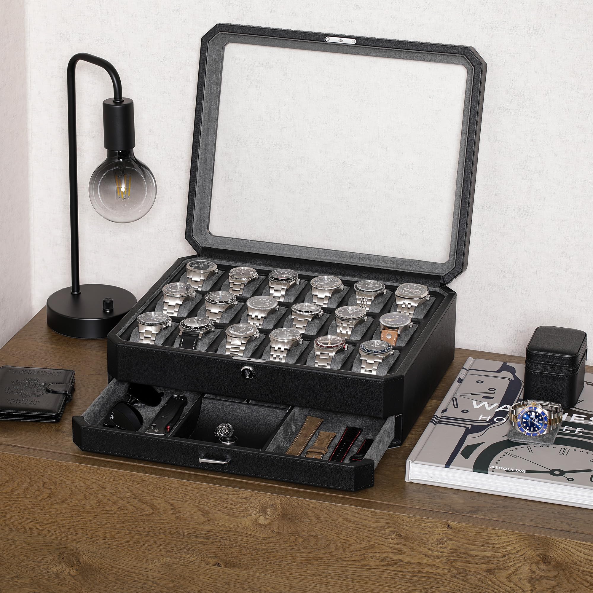 ROTHWELL 時計収納ボックス ブラック ROTHWELL 18 Slot Watch Case with Drawer (Black/Grey