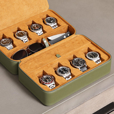 ROTHWELL 8 Watch Travel Case (Green/Tan)