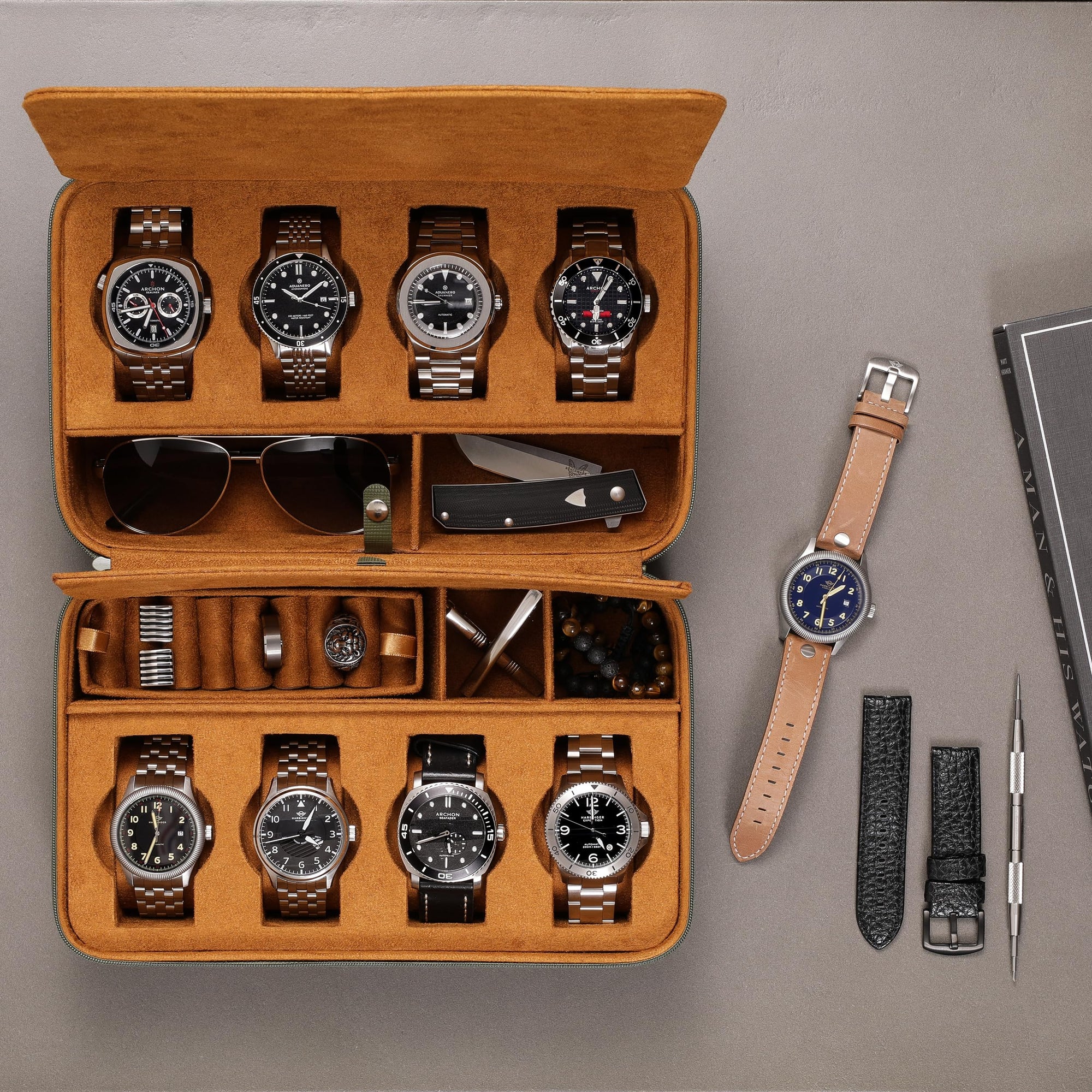 ROTHWELL 8 Watch Travel Case (Green/Tan)