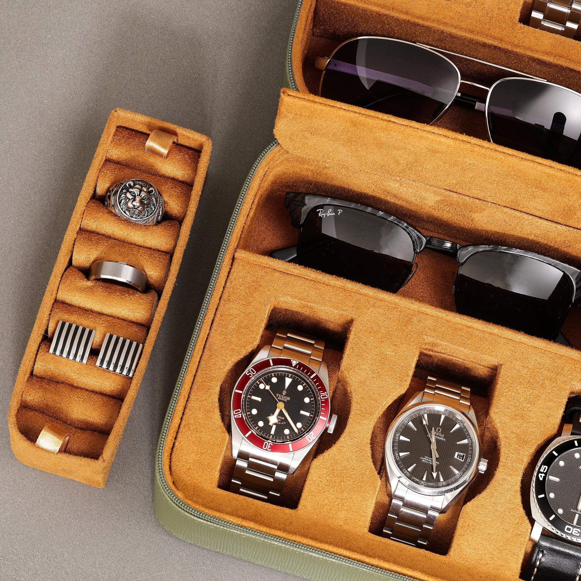 ROTHWELL 8 Watch Travel Case (Green/Tan)