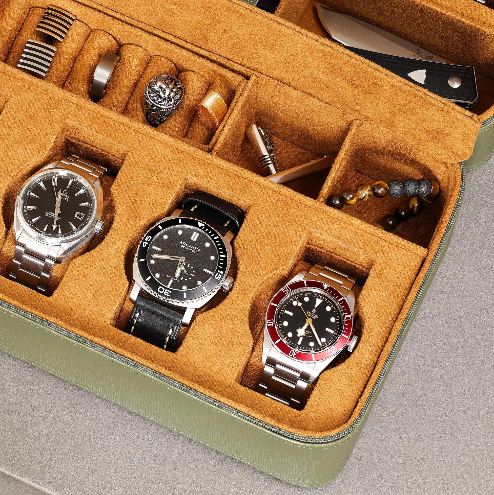ROTHWELL 8 Watch Travel Case (Green/Tan)