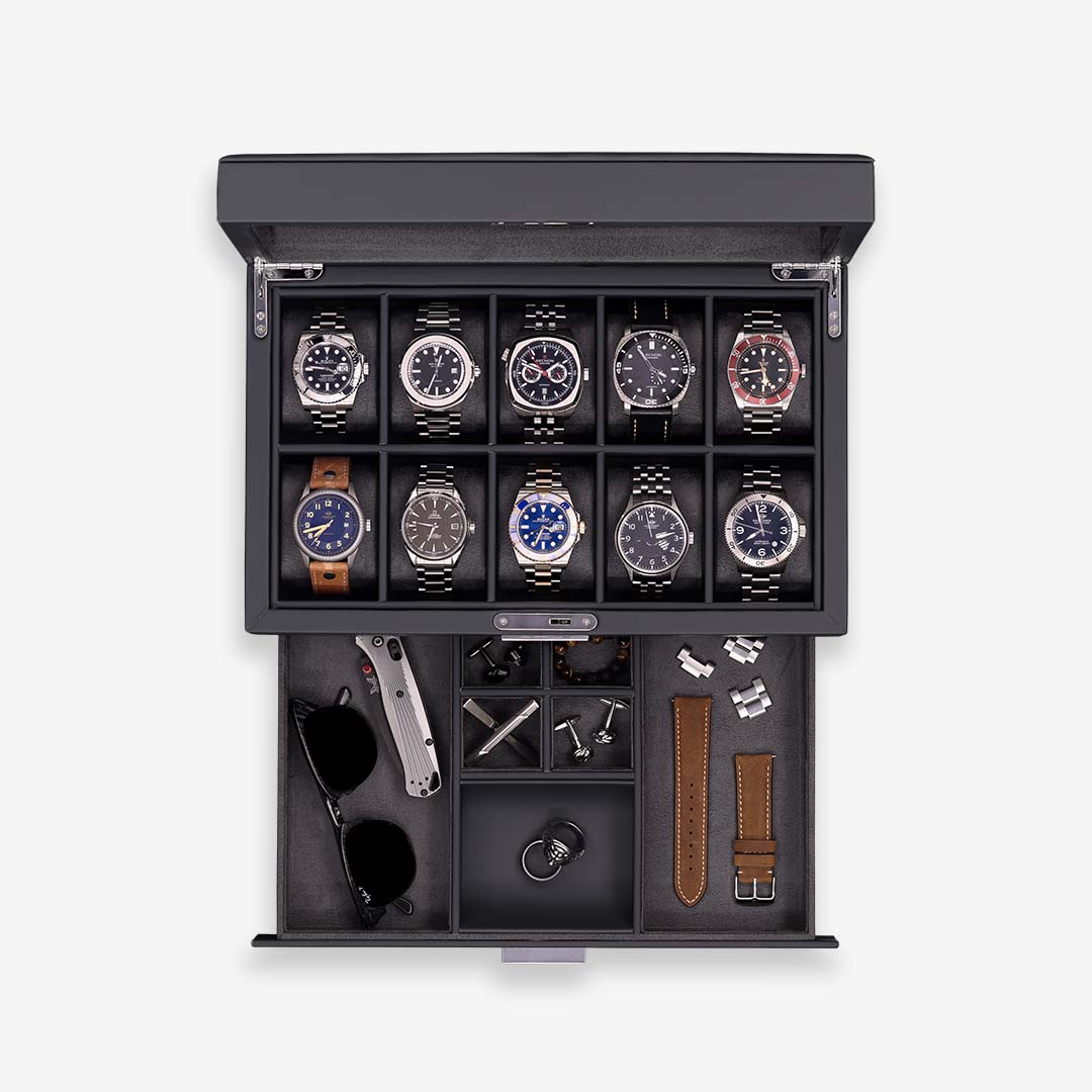 ROTHWELL 10 Slot Watch Box with Valet Drawer (Carbon)