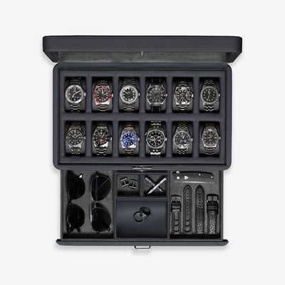 12 Slot Watch Box with Drawer (Carbon)