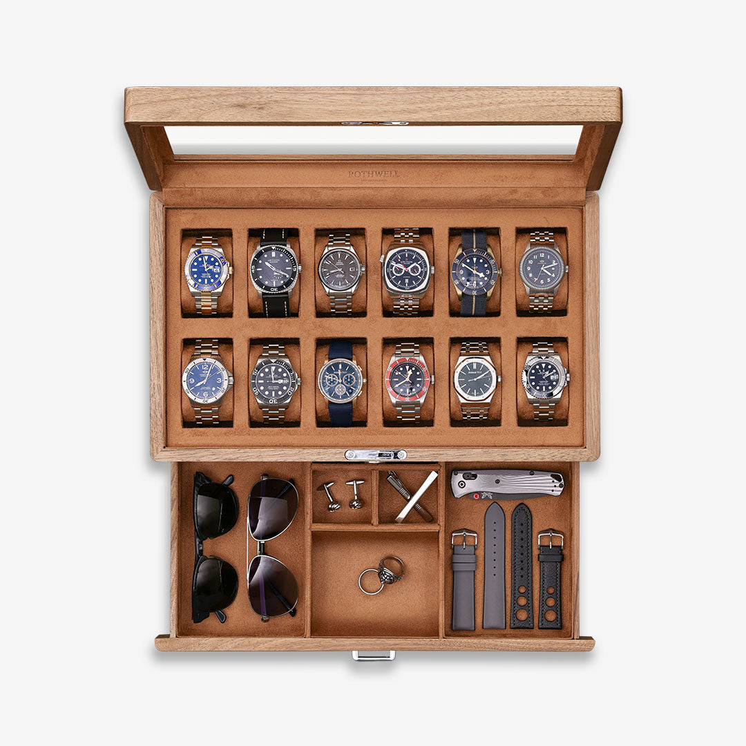 ROTHWELL 12 Slot Watch Case with Drawer (Walnut / Tan)