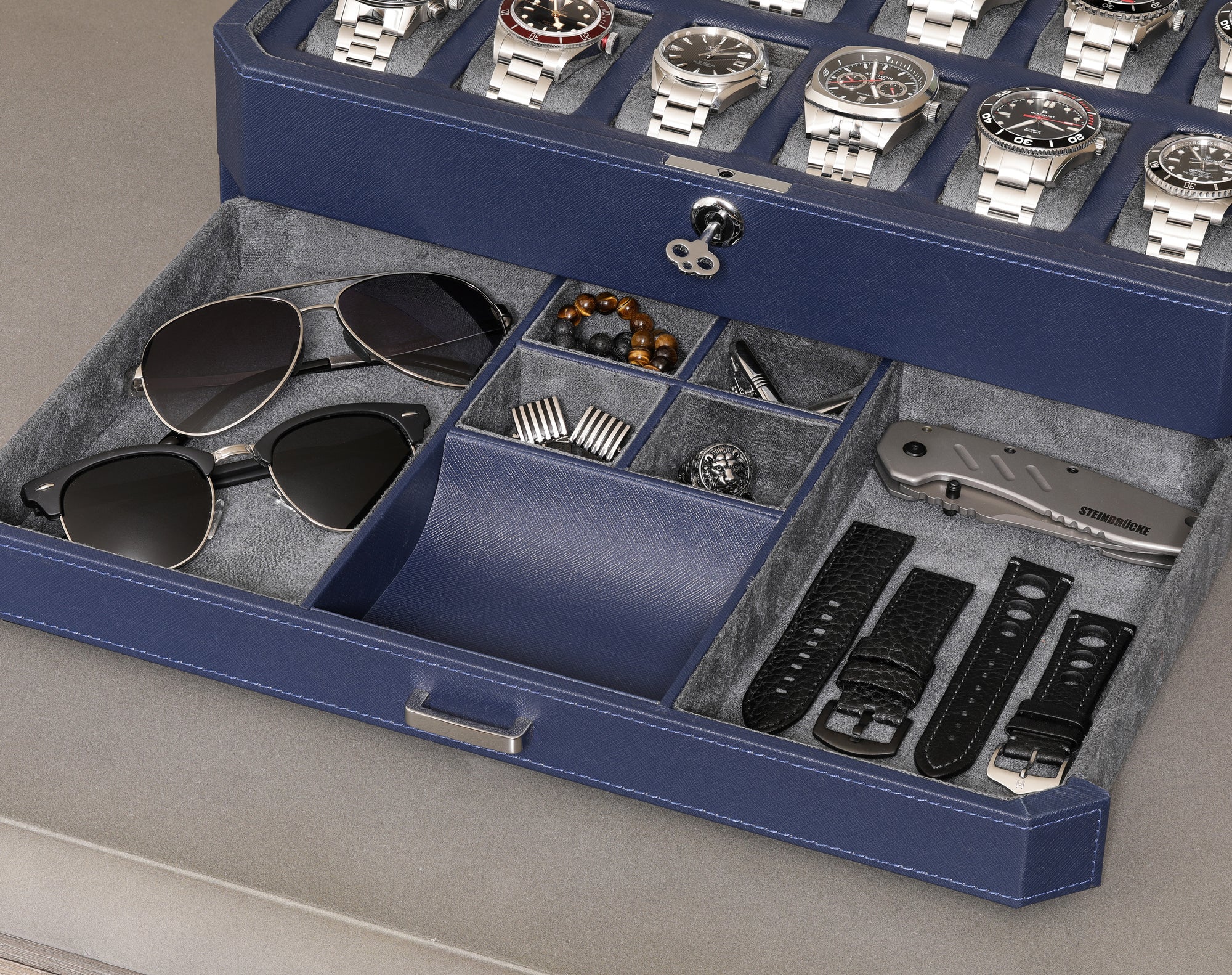 12 Slot Watch Box with Drawer (Dark Blue / Grey)