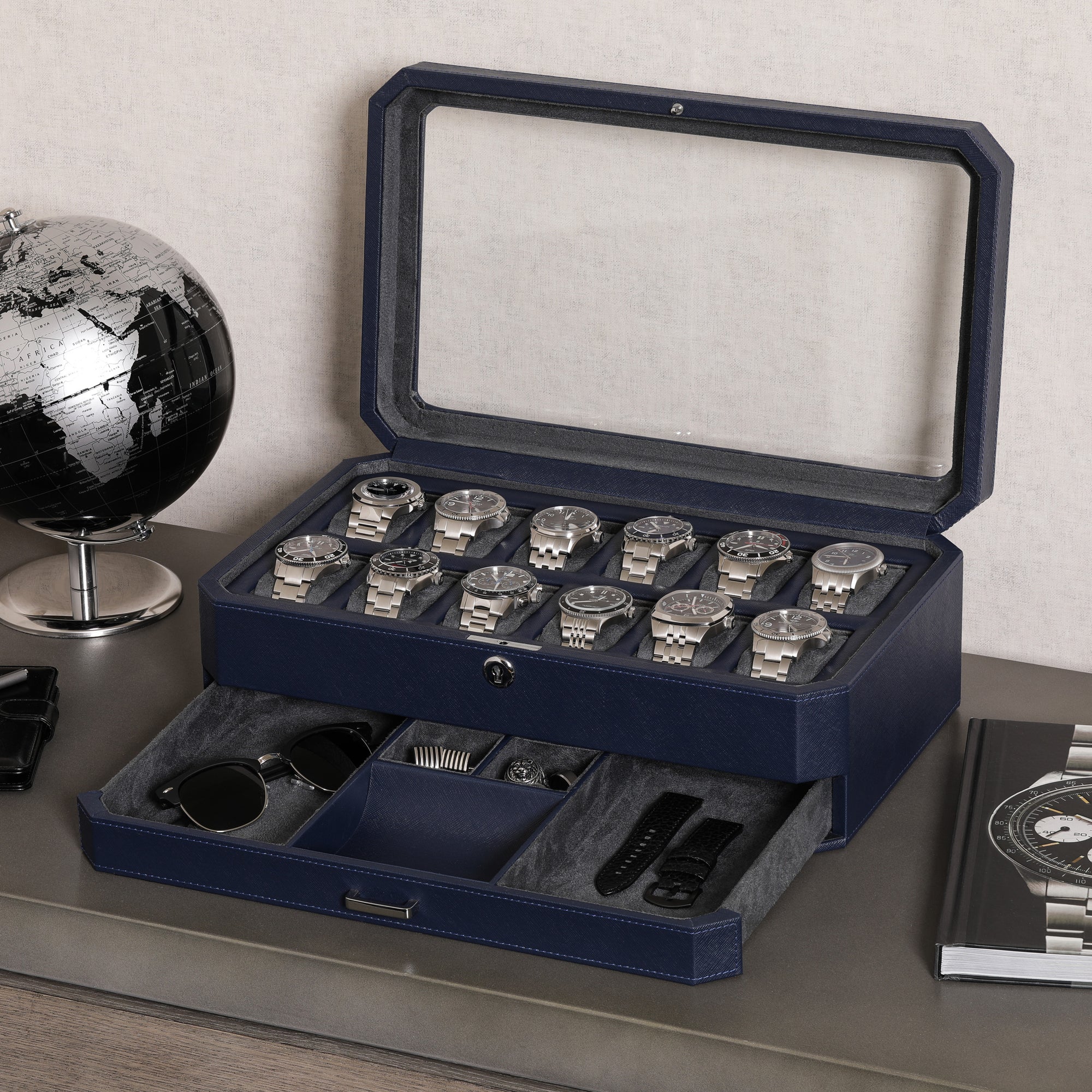 12 Slot Watch Box with Drawer (Dark Blue / Grey)