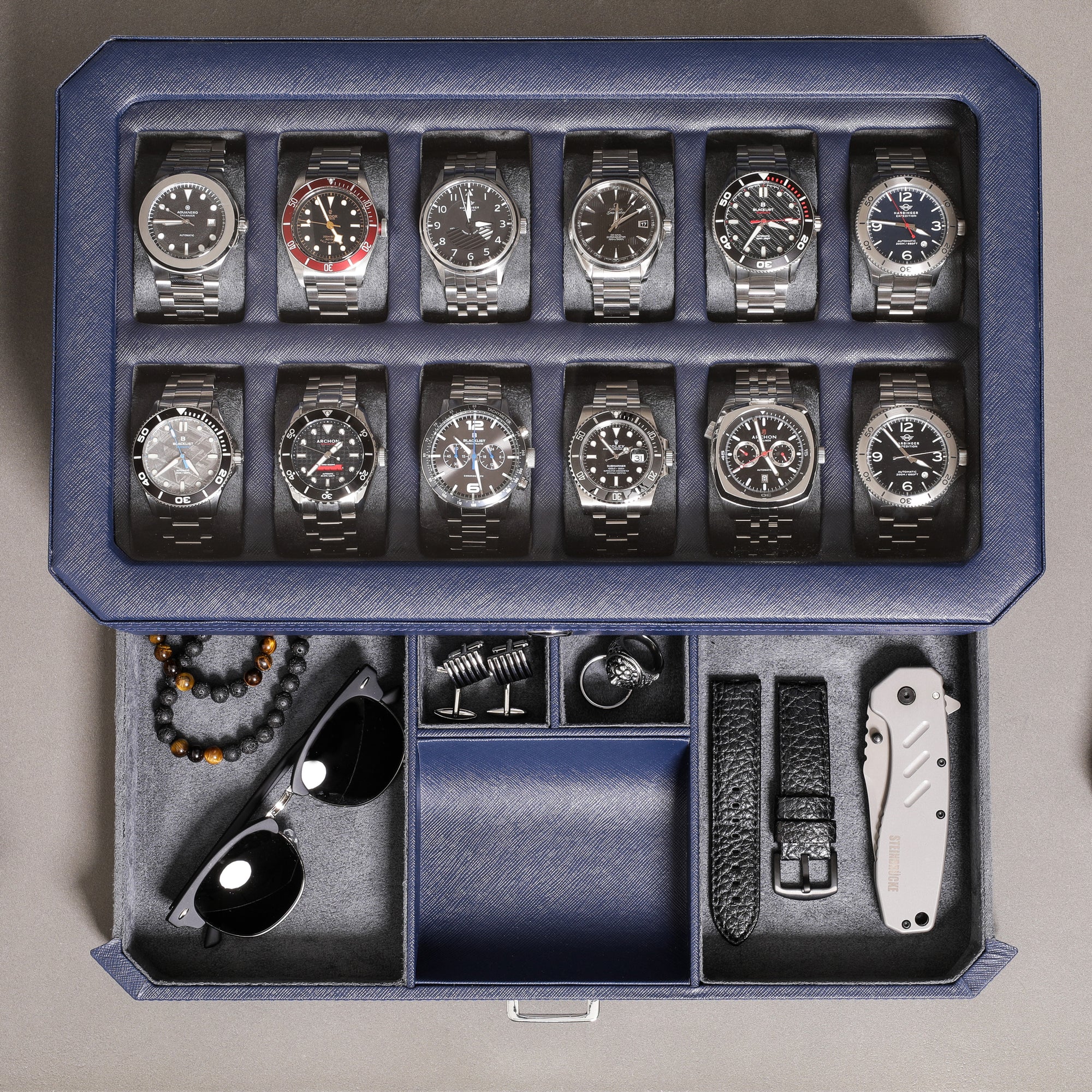 12 Slot Watch Box with Drawer (Dark Blue / Grey)