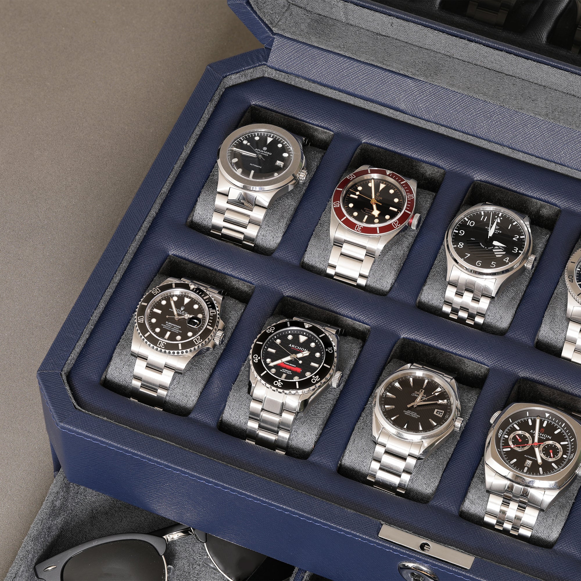 12 Slot Watch Box with Drawer (Dark Blue / Grey)