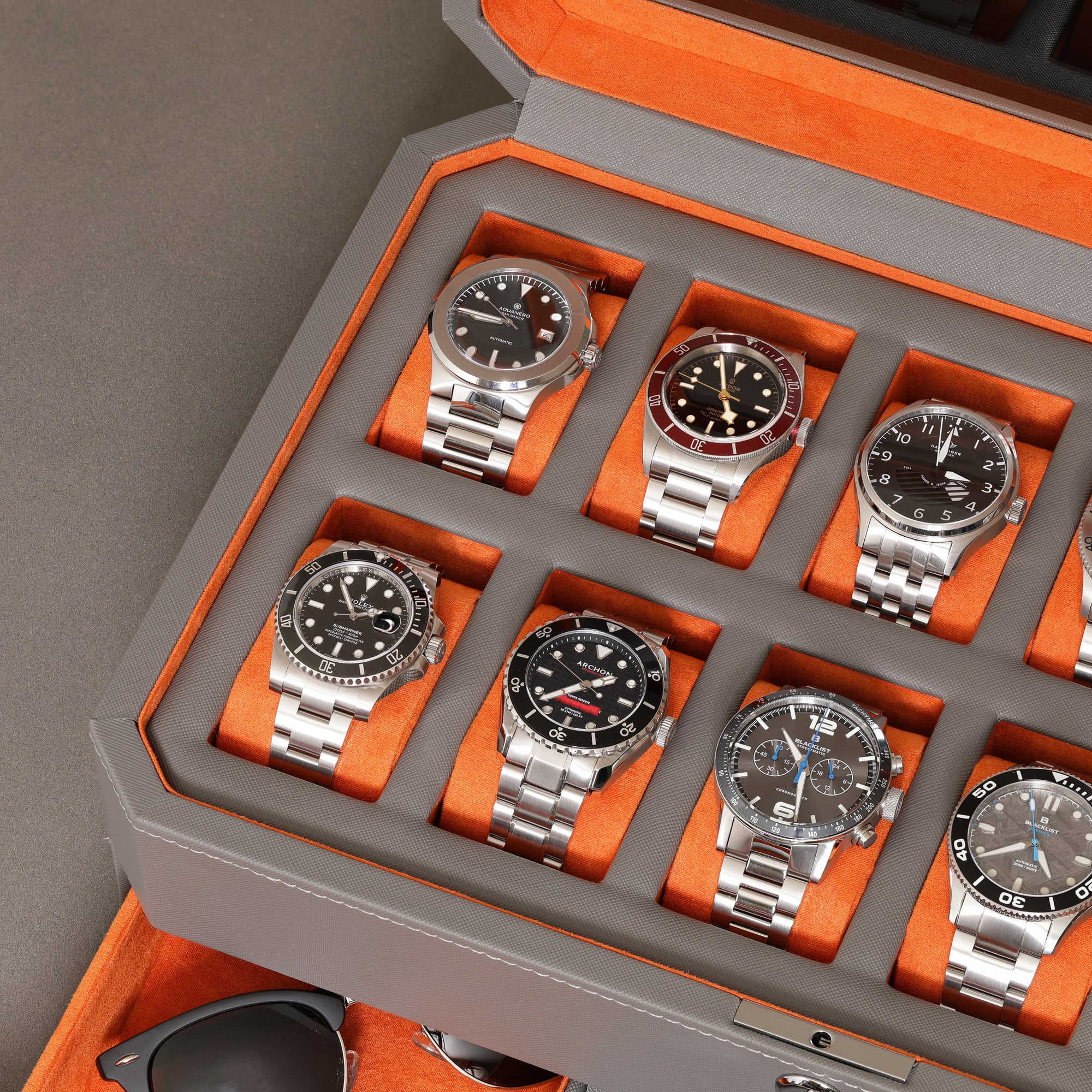 12 Slot Watch Box with Drawer (Grey / Orange)