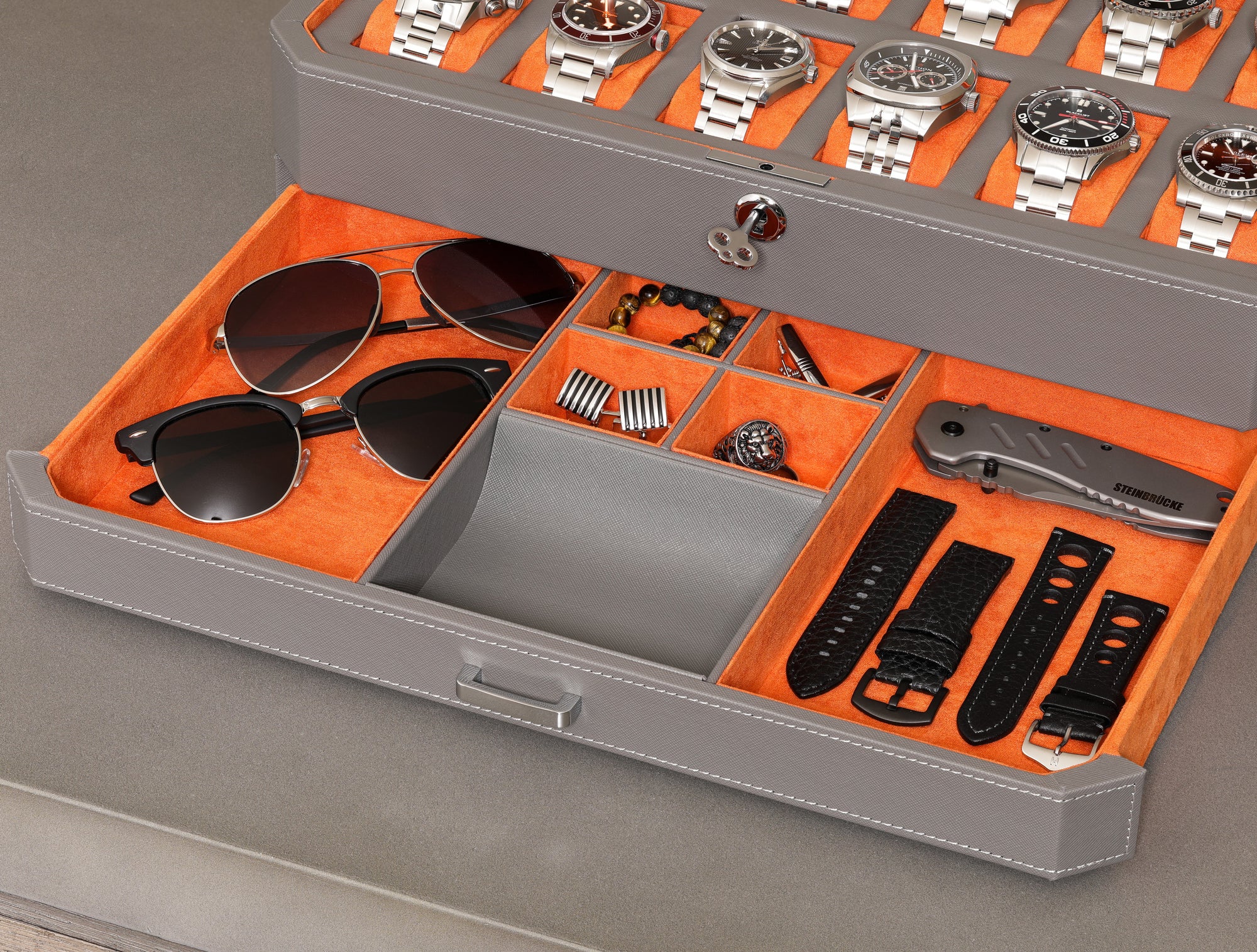 12 Slot Watch Box with Drawer (Grey / Orange)