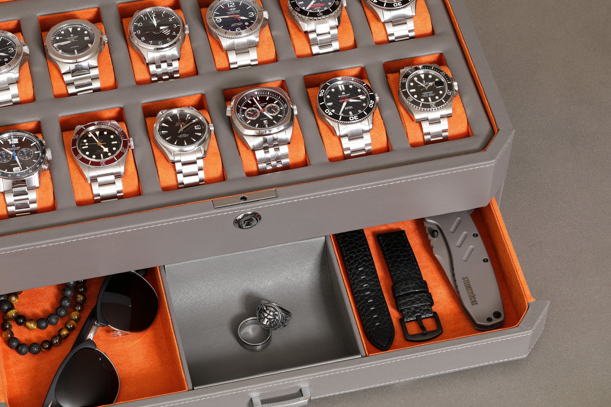 12 Slot Watch Box with Drawer (Grey / Orange)