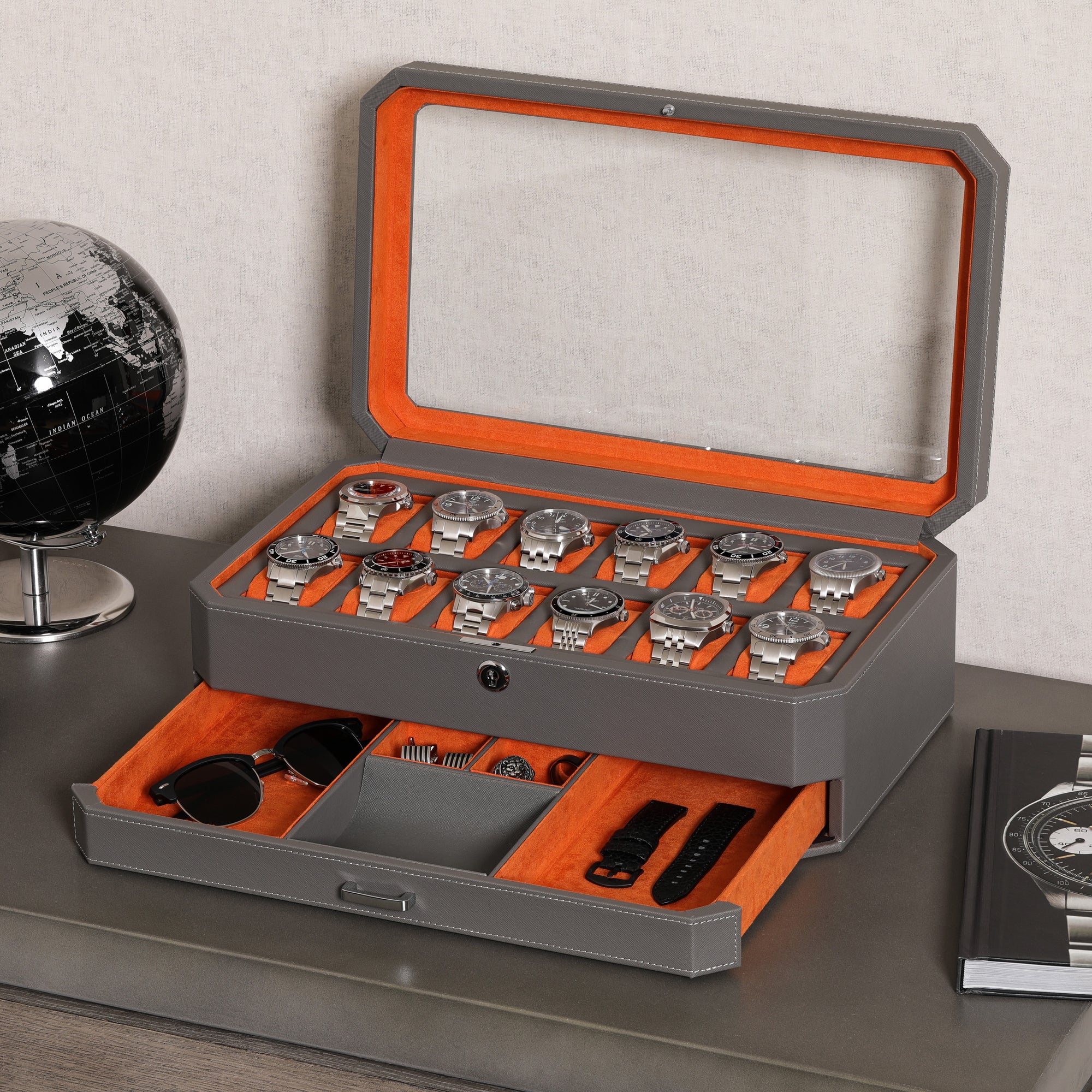12 Slot Watch Box with Drawer Grey Orange RothwellSF