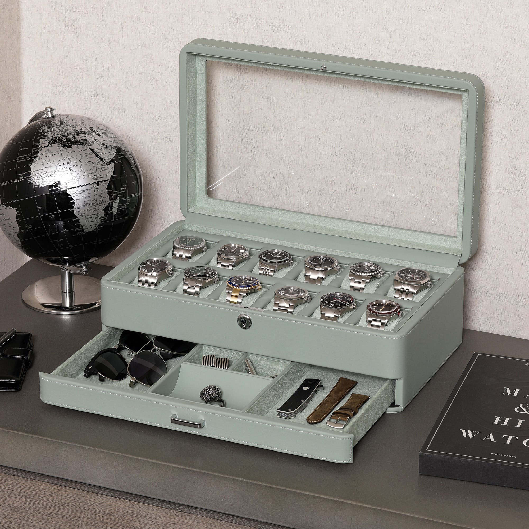 12 Slot Watch Box with Drawer (Seafoam)
