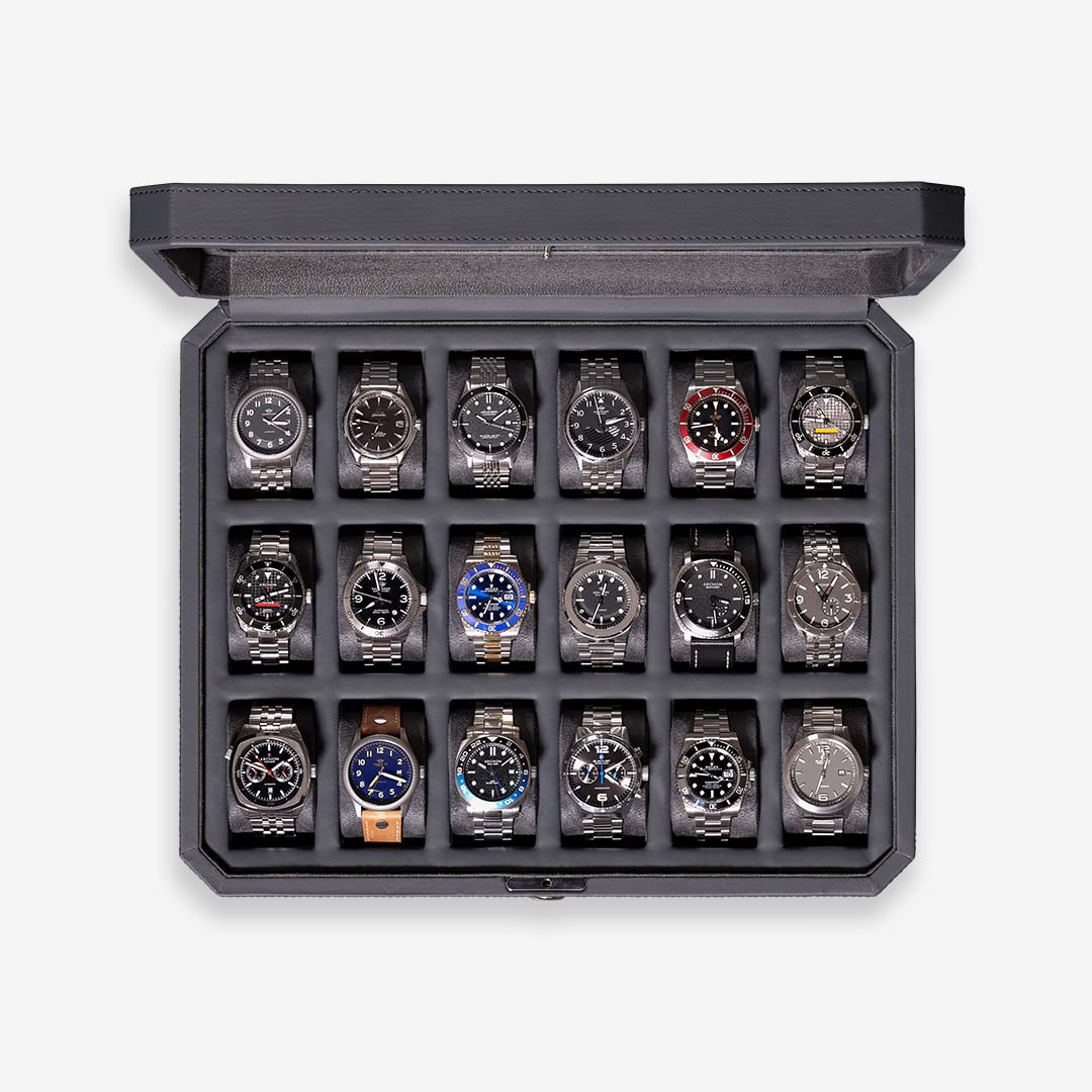 Rothwell 12 Slot Watch Box with valet drawer (Black / Gray