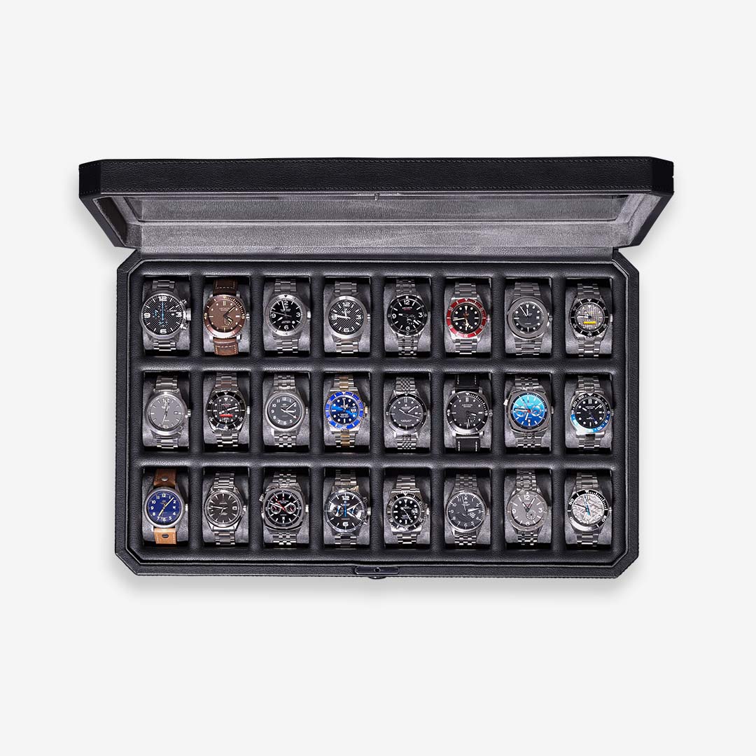 ROTHWELL Horlogekast met 18 sleuven en lade - luxe horlogebox voor heren, echt glazen blad, afsluitbaar, horlogevitrine voor collecties (zwart/grijs ROTHWELL Horlogekast met 18 sleuven en lade - luxe horlogebox voor heren, echt glazen blad, afsluitbaar, horlogevitrine voor collecties (zwart/grijs