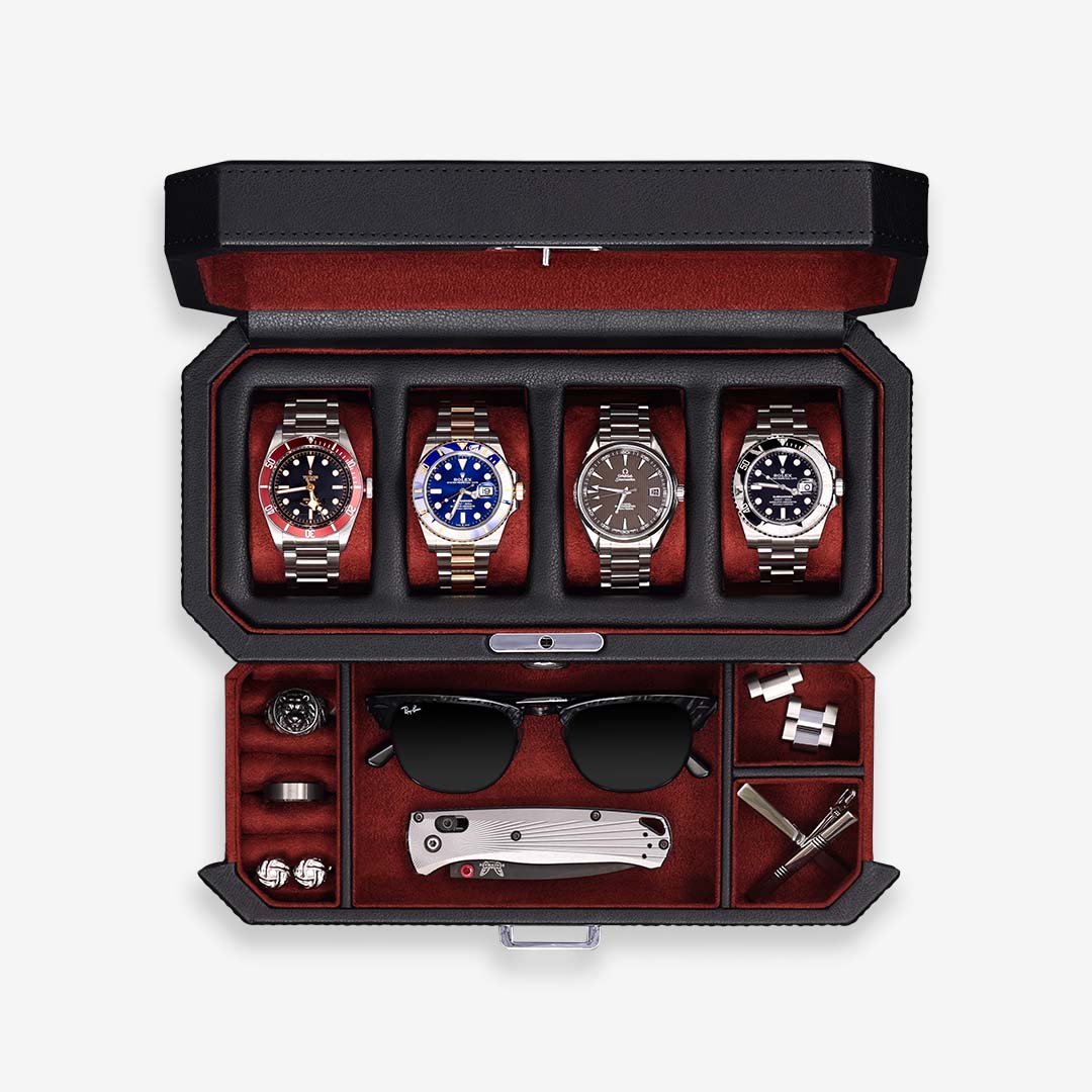 ROTHWELL 4 Slot Watch Box with Valet Drawer (Red)