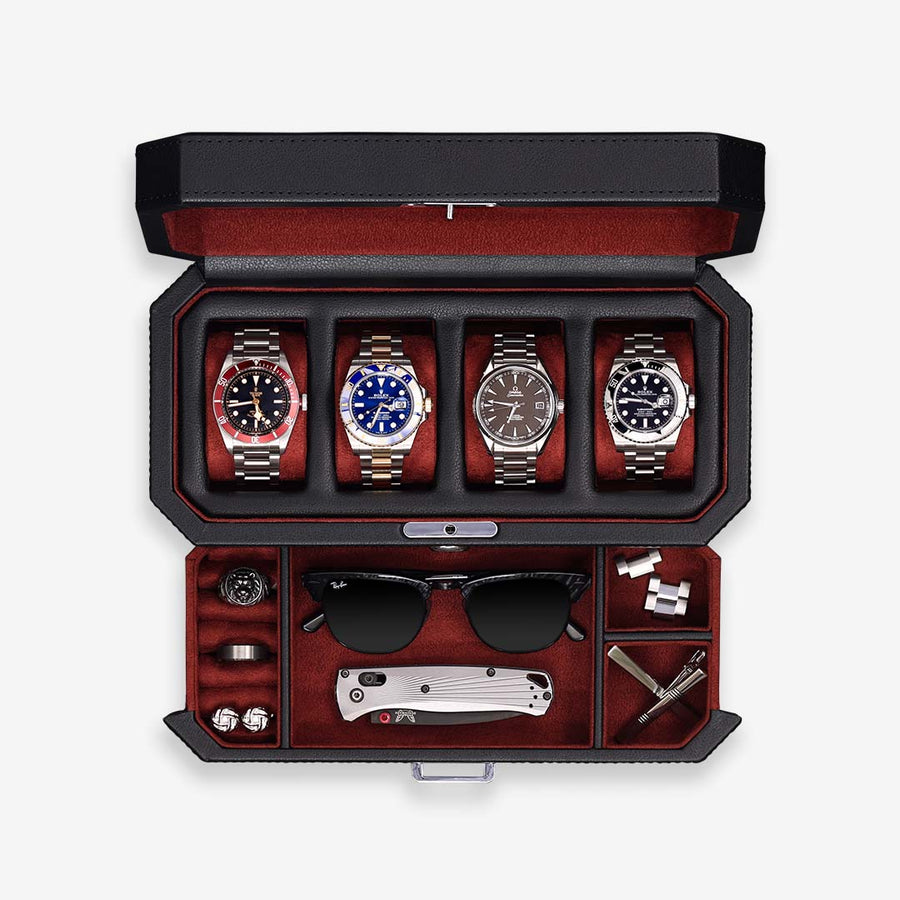 ROTHWELL 4 Slot Watch Box with Valet Drawer (Red)