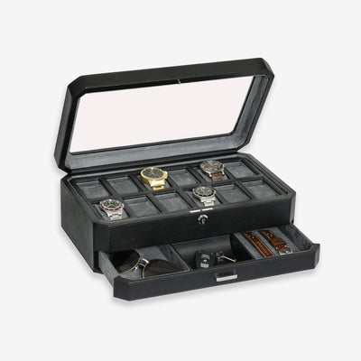 12 Slot Watch Box with valet drawer (Black / Gray)