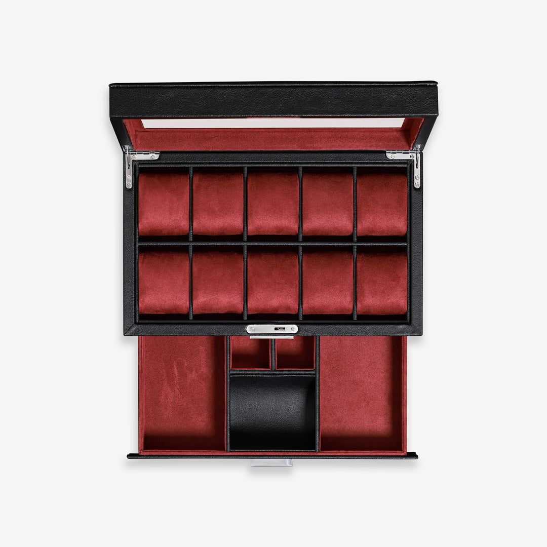 10 Slot Watch Box With Drawer (Black / Red)