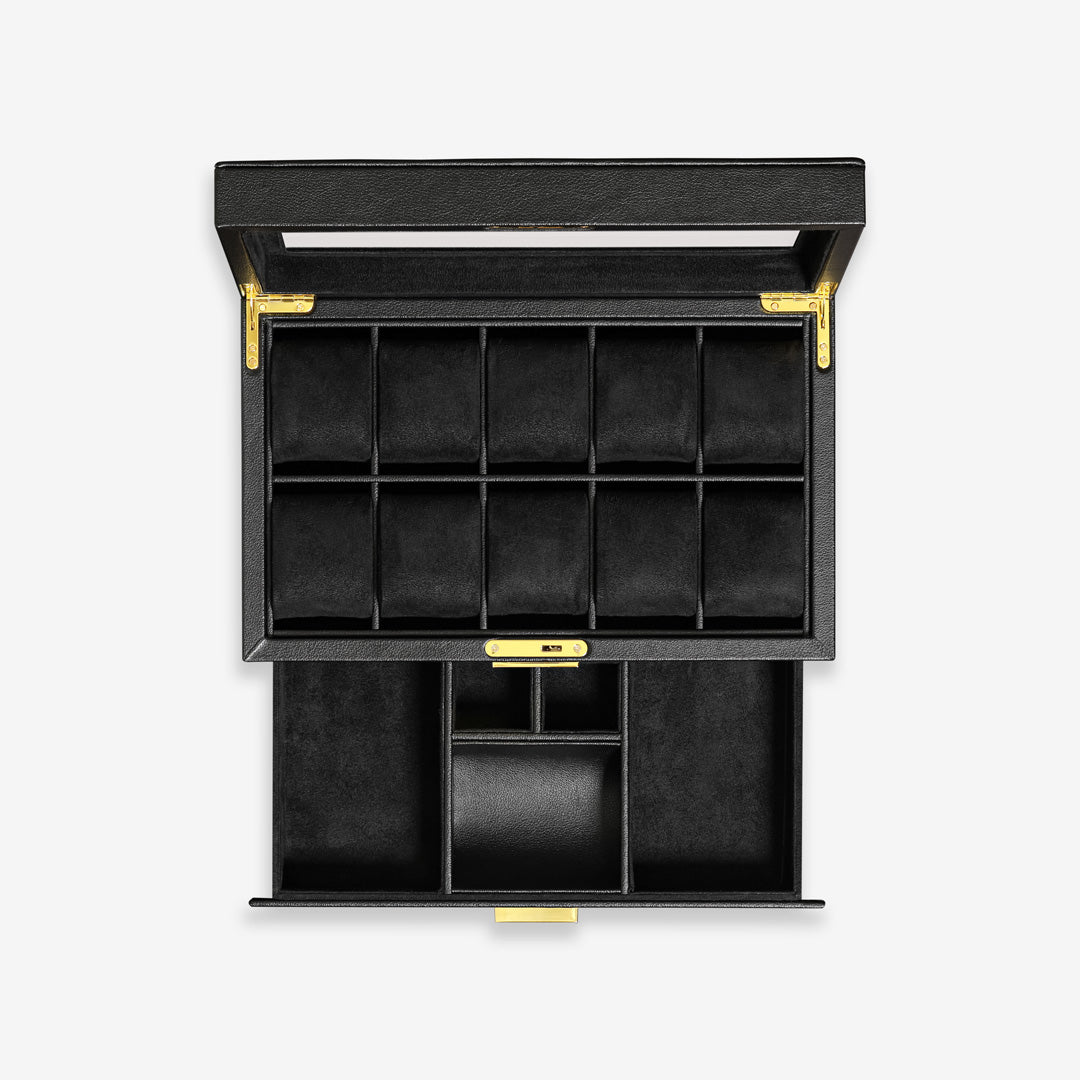 ROTHWELL 12 Slot Leather Watch Box with Valet Drawer - Luxury Watch Case Display Organizer, Microsuede liner, Locking Jewelry Watches Holder, Mens