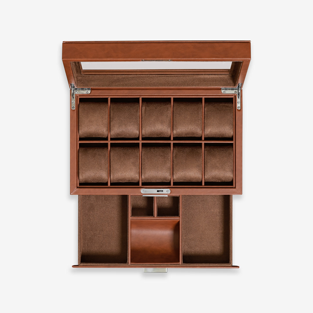 Rothwell 10 Slot Watch Box With Drawer (Tan Brown) RothwellSF