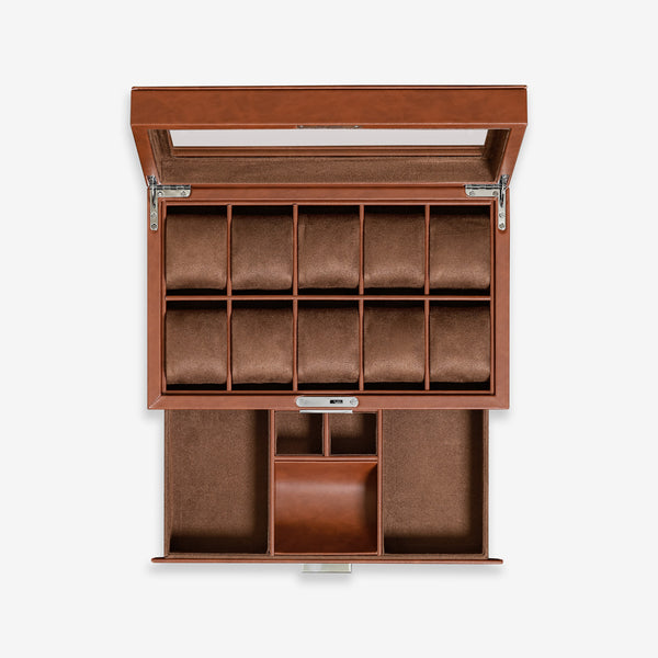 Rothwell 10 Slot Watch Box With Drawer (Tan / Brown) - RothwellSF