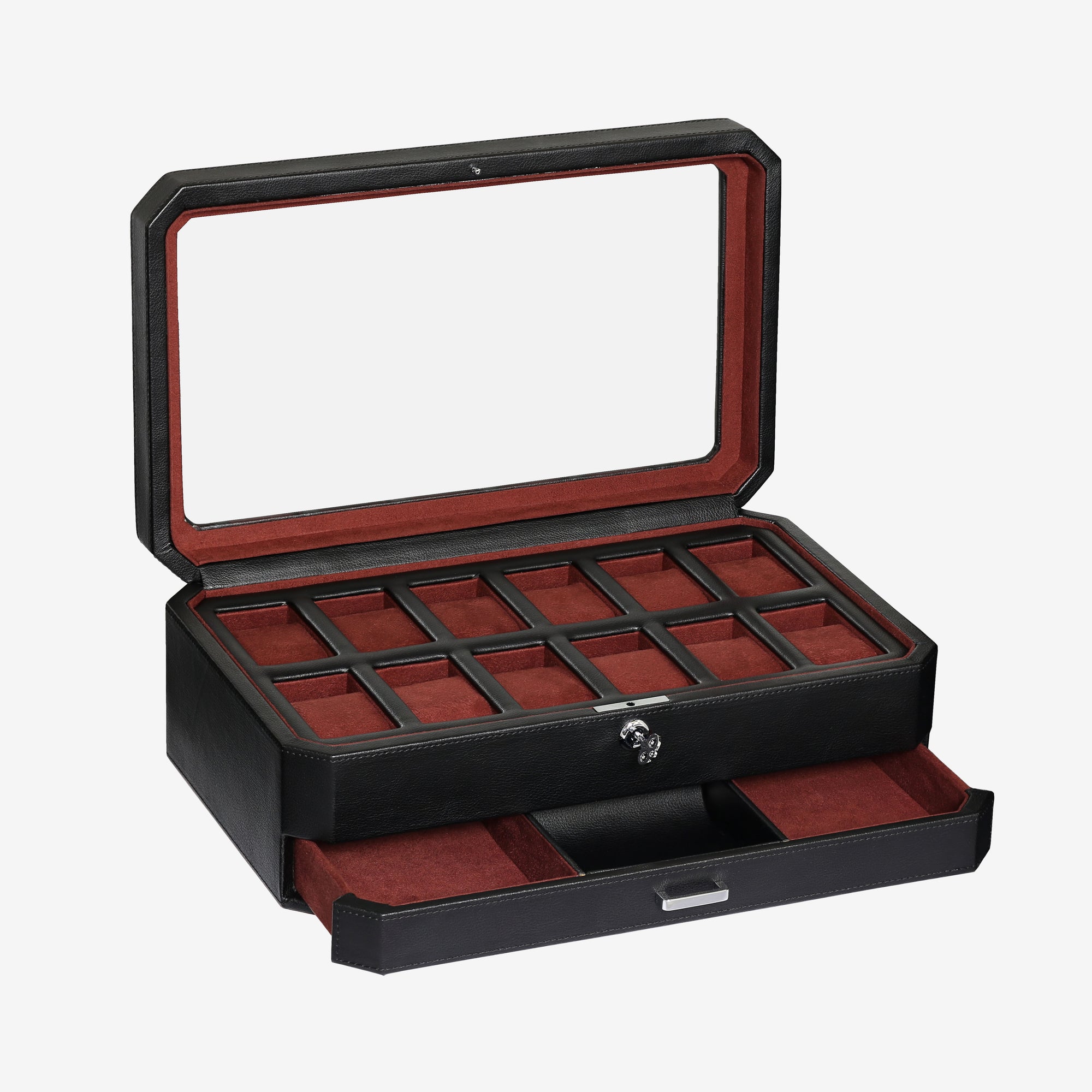 12 Slot Watch Box with Drawer (Black / Red)